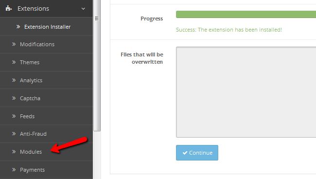 Accessing the Modules menu in OpenCart 2