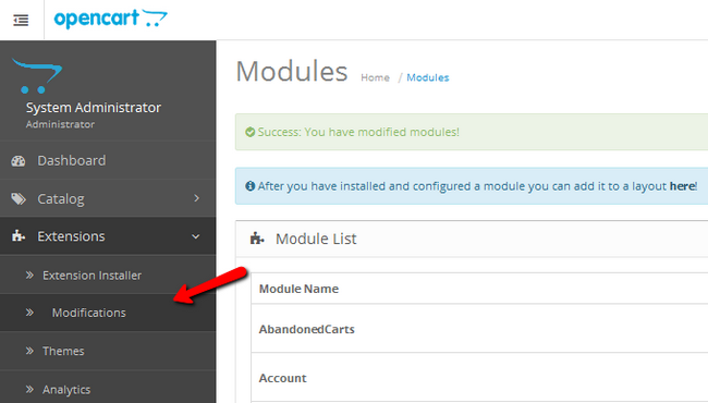 Accessing the Modifications panel in OpenCart 2