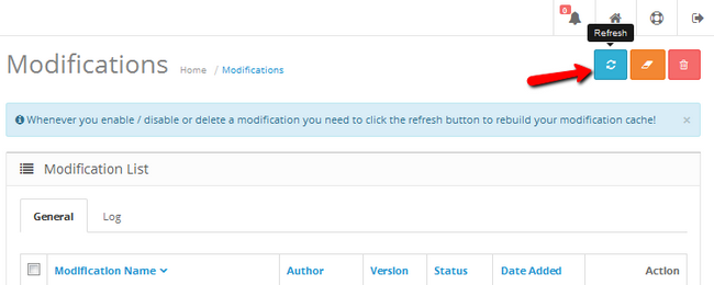 Refreshing the Modification cache in OpenCart 2