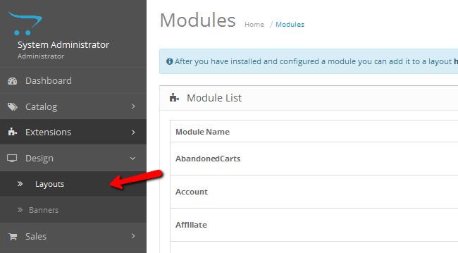 Navigating to the Layouts and Design menu in OpenCart 2