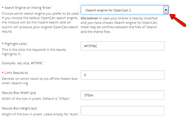 Configuring the iSearch options in OpenCart 2