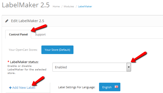 Accessing the Control Panel of LabelMaker and enabling the module