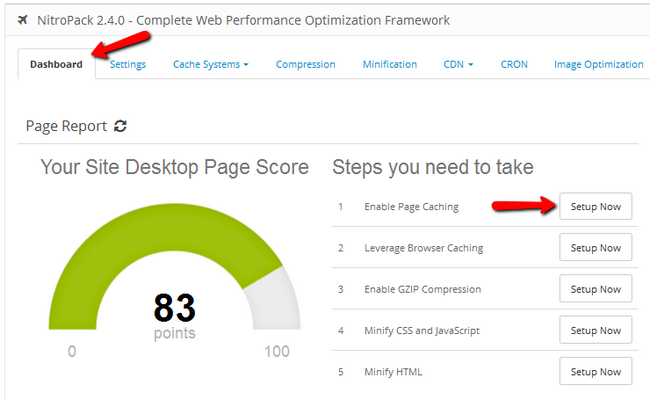 NitroPack Dashboard navigation to Page Caching