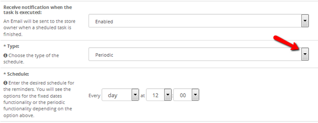 Configure the Schedule type and frequency for notifications in OpenCart 2