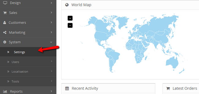 Accessing the Settings menu in OpenCart 2