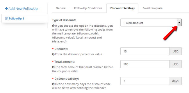 Configuring a discount amount for an order follow up