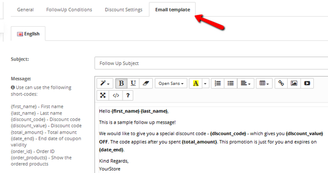 Modifying the email template for an Order Follow up