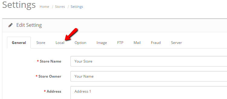 OpenCart 2 Local tab settings