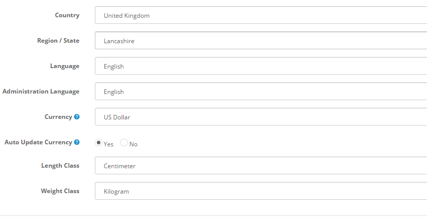 OpenCart 2 Country and Currency settings