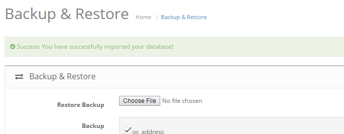 OpenCart 2 Successful Database Restore