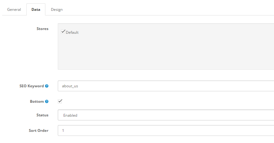 OpenCart 2 Page Data Settings
