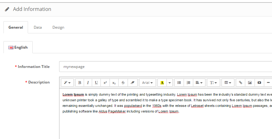 OpenCart 2 Add Information page