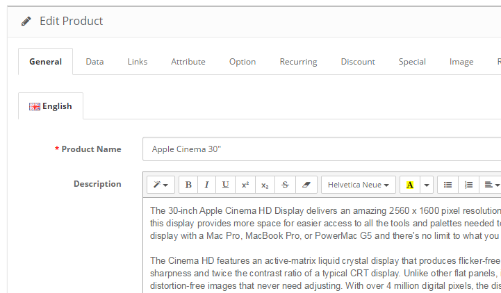 General Product settings OpenCart 2