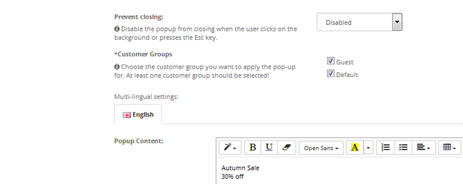 Adding the content and customer group options for a popup