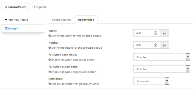 Configuring the dimensions and animation for a Popup