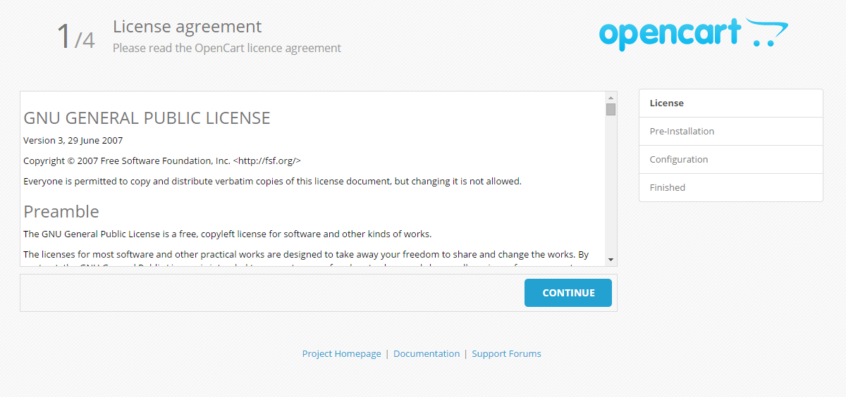 OpenCart License Agreement during Installation