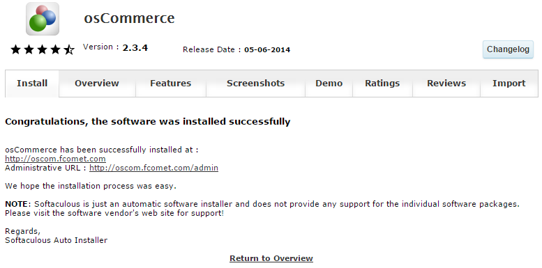 osCommerce Successful Softaculous Installation