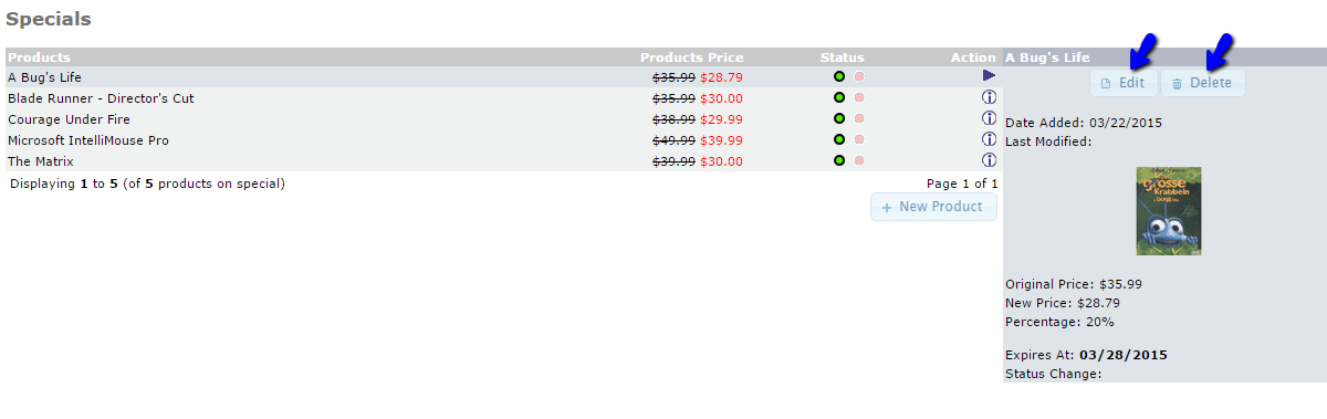 Edit or Delete Special Offers in osCommerce