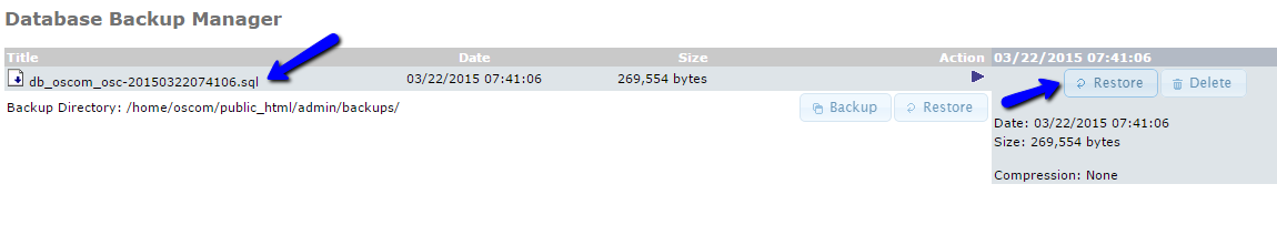 Restore Database Backup via osCommerce