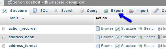 Export osCommerce Database in phpMyAdmin