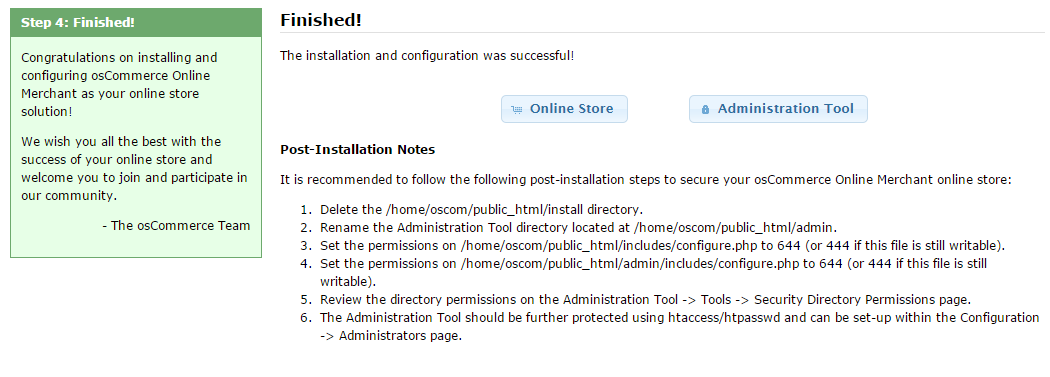 osCommerce successfully installed