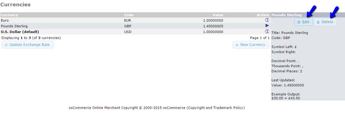 Edit or Delete ExistingCurrency in osCommerce