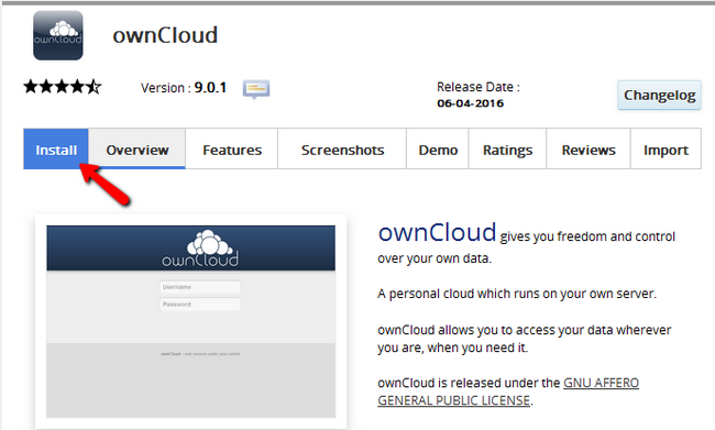 Initiating the installation of ownCloud