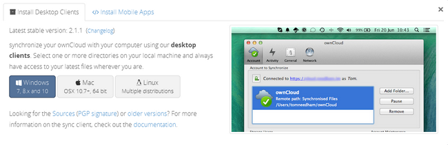 Selecting the ownCloud client for your Operating System
