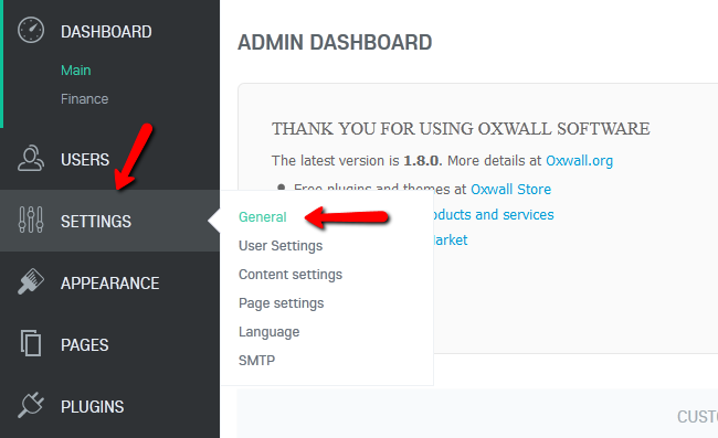 Accessing the General Settings Menu in Oxwall