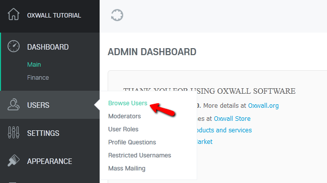 Accessing the Browse Users Menu in Oxwall