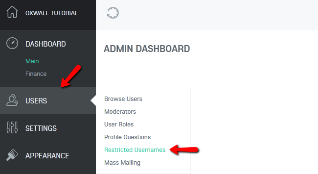 Accessing the Restricted Usernames Menu in Oxwall