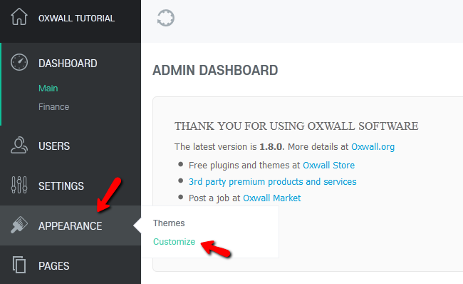 Accessing the Customize Menu in Oxwall