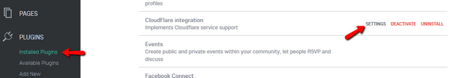 Accessing the Settings menu of the CloudFlare plugin in Oxwall