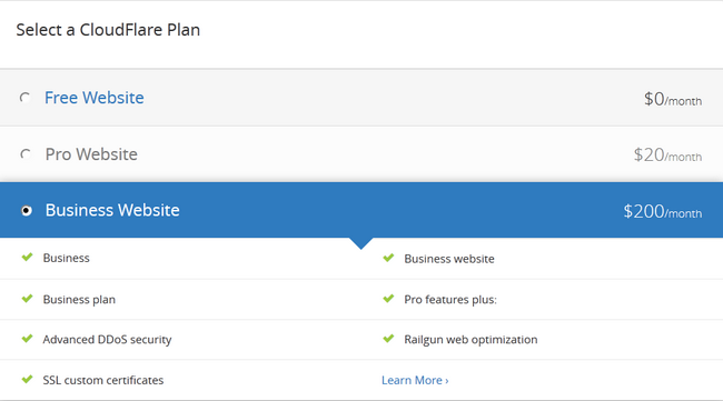 Selecting a CloudFlare subscription plan