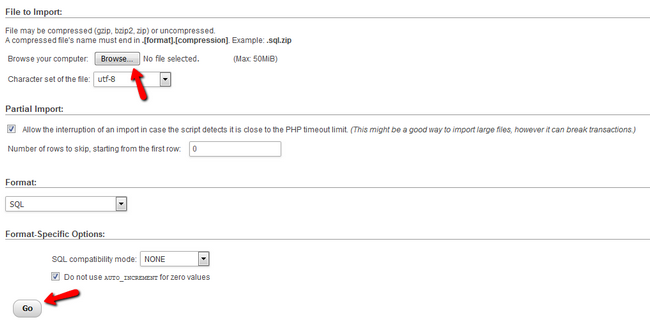 Selecting the Database Backup from the local computer and Importing it