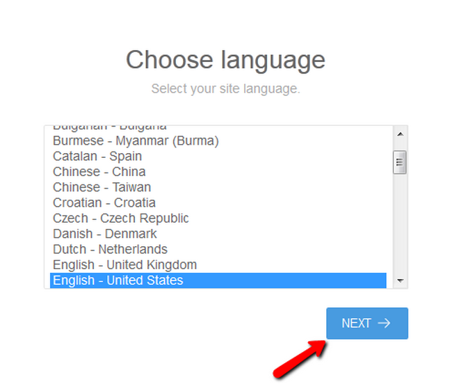 Choosing a language during the installation of Pagekit