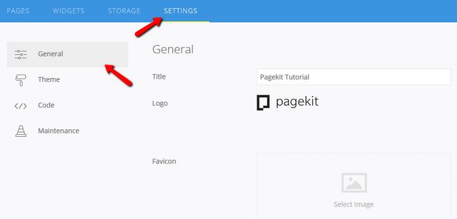 Accessing the General Settings menu in Pagekit