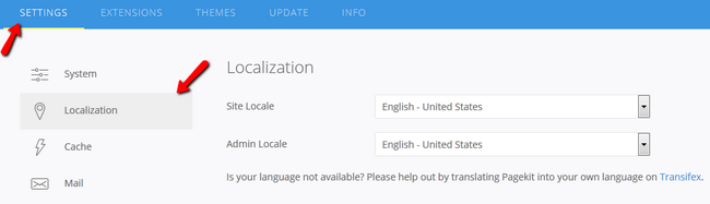 Accessing the Localization Settings in Pagekit
