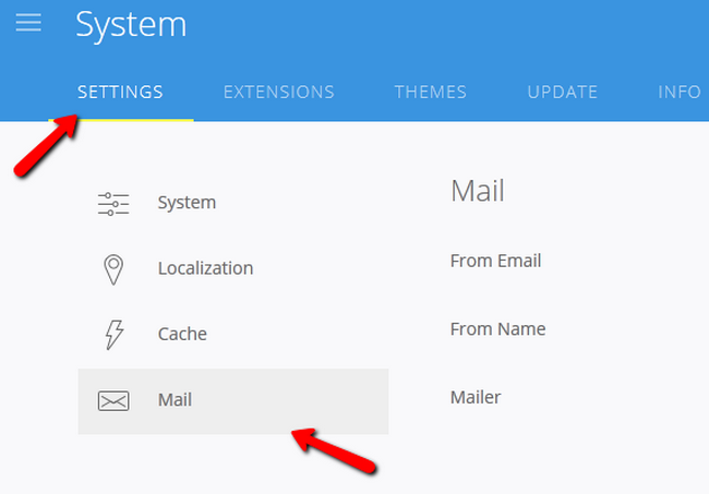 Navigating to the Mail Settings in Pagekit