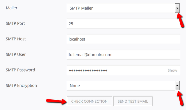 Configuring the SMTP settings in Pagekit
