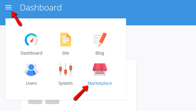 Navigating to the Pagekit Marketplace