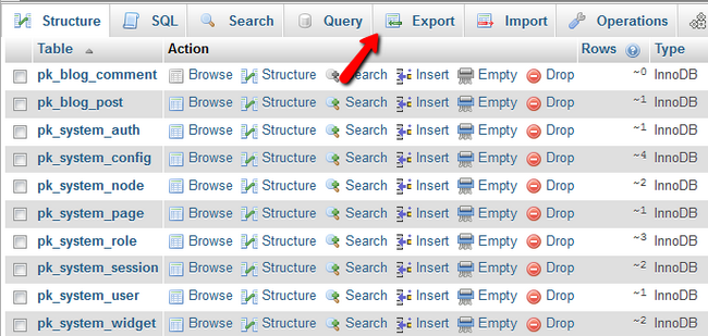 Exporting the Pagekit Database to your local computer