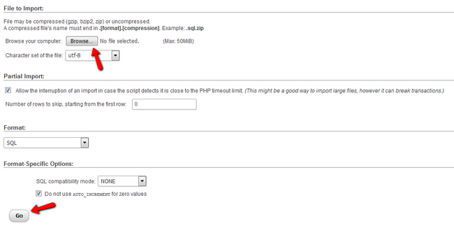 Selecting the original Database dump file to import