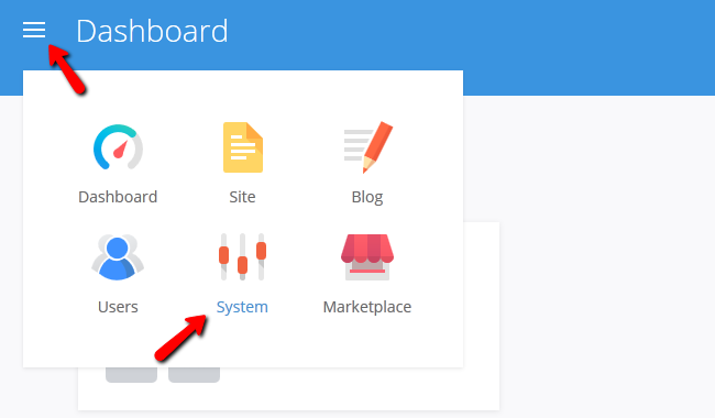 Accessing the System settings menu in Pagekit