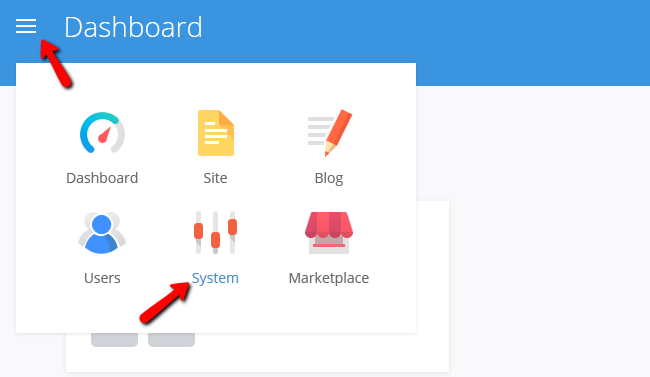 Navigating to the System Settings menu in Pagekit