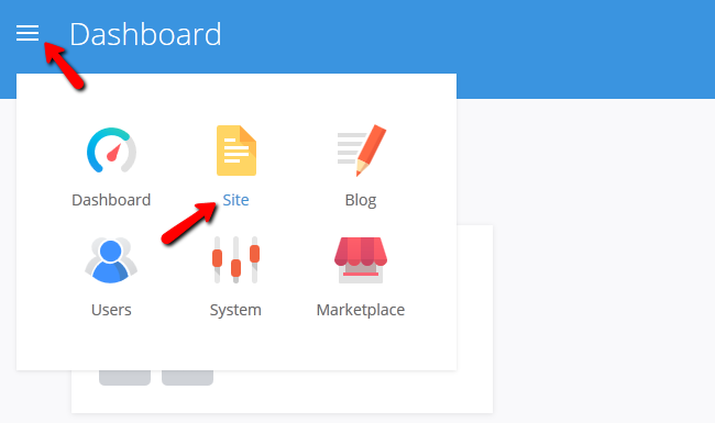 Navigating to the Site menu in Pagekit