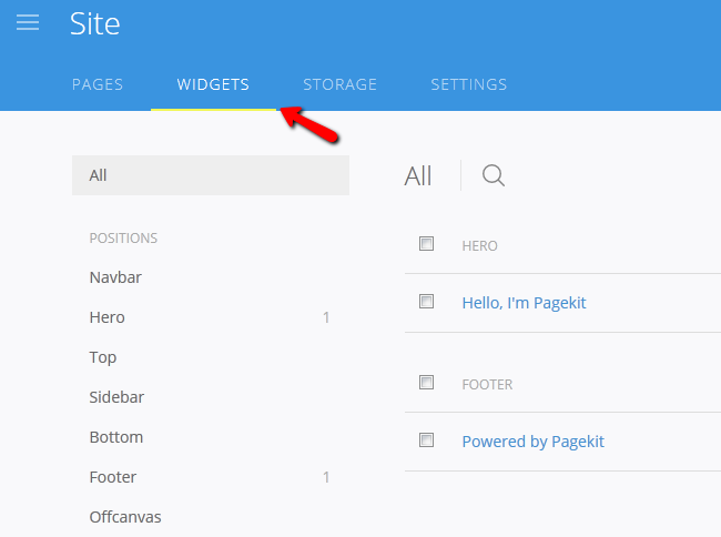 Overview of the Widgets menu in Pagekit