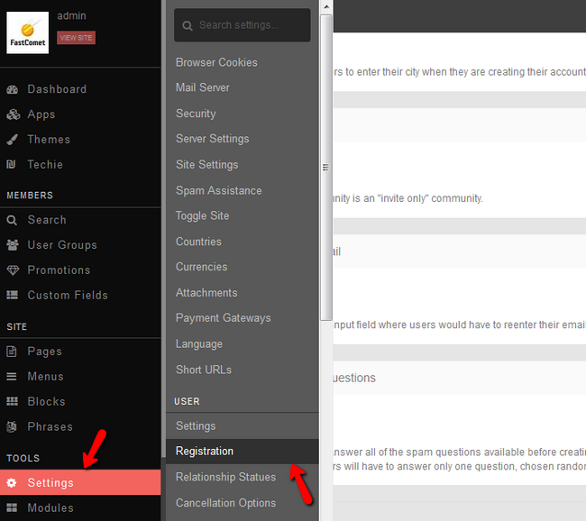 Access Registration Options in PHPFox Neutron