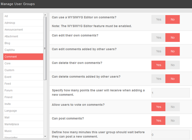 Available User Groups Settings in PHPFox Neutron