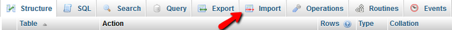 Select Import button in phpMyAdmin
